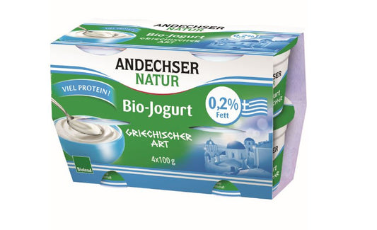 Andechser Bio zsírszegény natúr joghurt görög típusú 0,2% pohárban (fehérjével dúsított) 4x100g